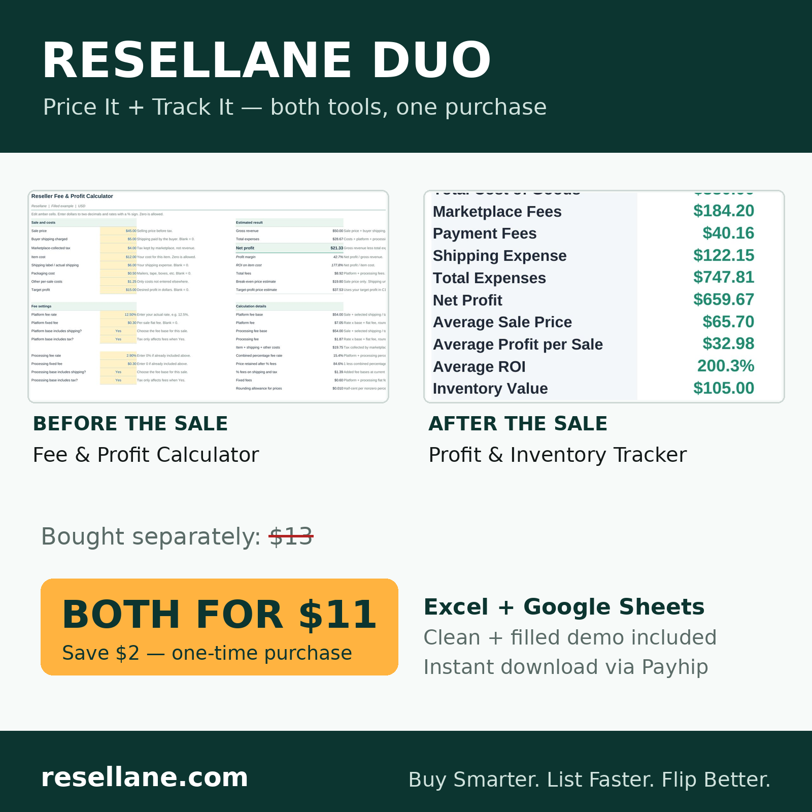 Resellane Duo: Fee & Profit Calculator (before the sale) and Profit & Inventory Tracker (after the sale), both for $11