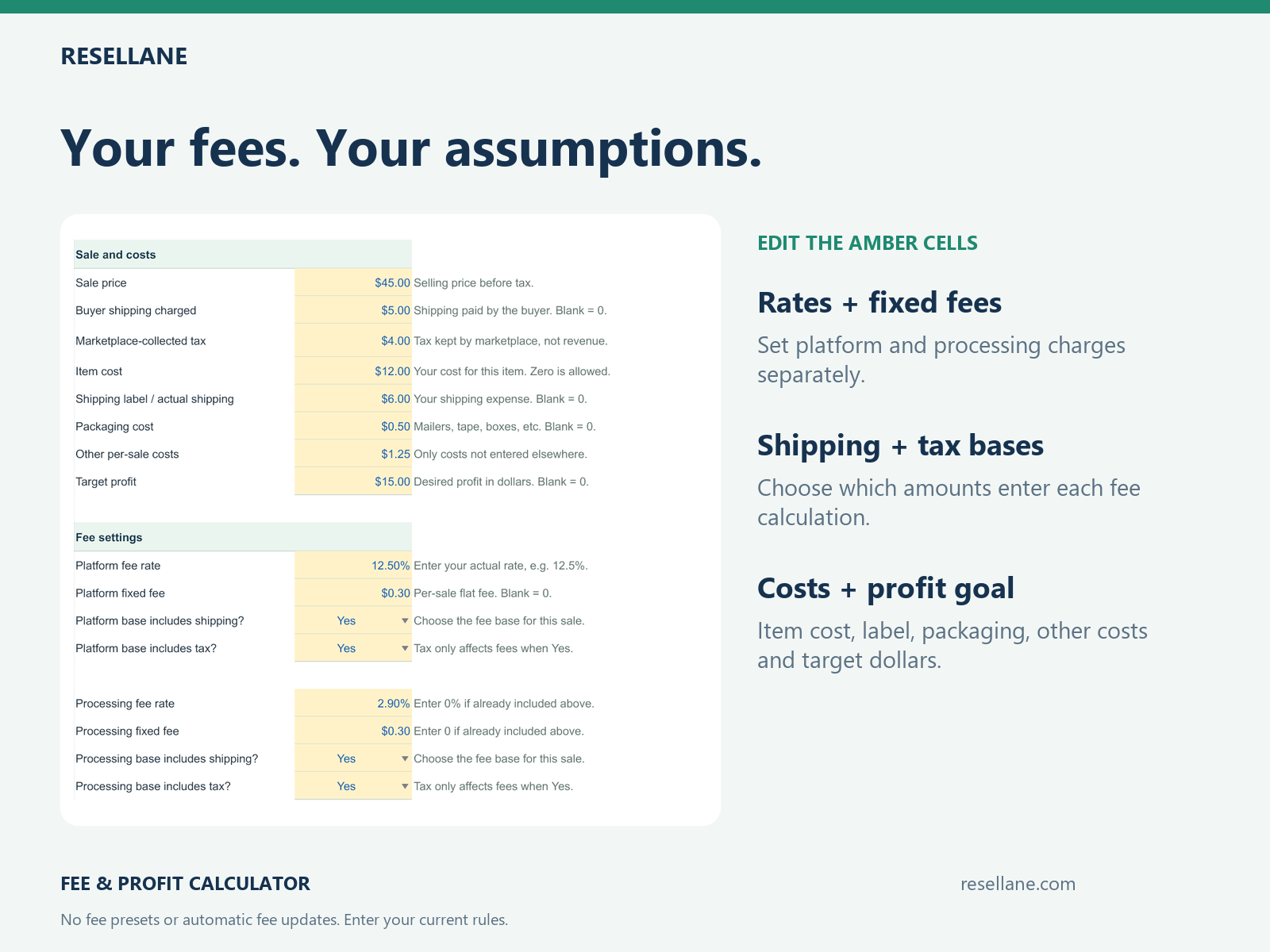 Editable fee assumptions